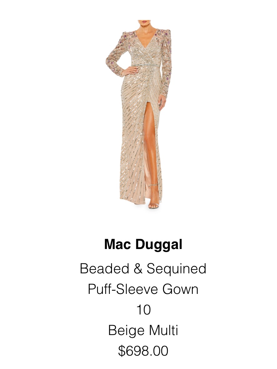 Mac Duggal Champagne-Beige Beaded V-Neck Gown With Puff Sleeves